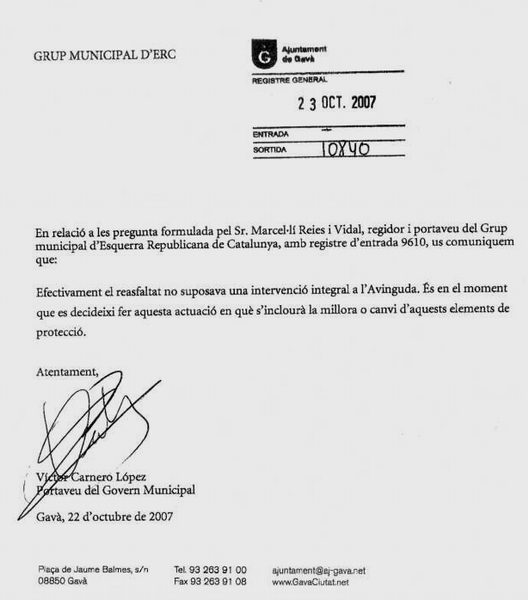 Resposta de l'Equip de Govern Municipal (PSC) a la pregunta d'ERC de Gav&agrave; sobre la instal&middot;laci&oacute; de baranes a les corredores de l'avinguda del mar (23 d'octubre de 2007)